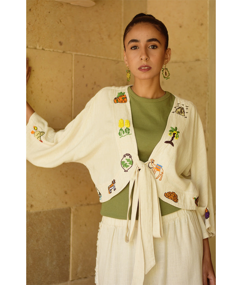 Off White Embroidered Linen Cotton Mix Bolero/Top & Pants Set handmade in Egypt & available in Jozee boutique