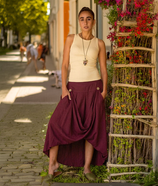 Burgundy Draped Maxi Skirt handmade in Egypt & available in Jozee boutique