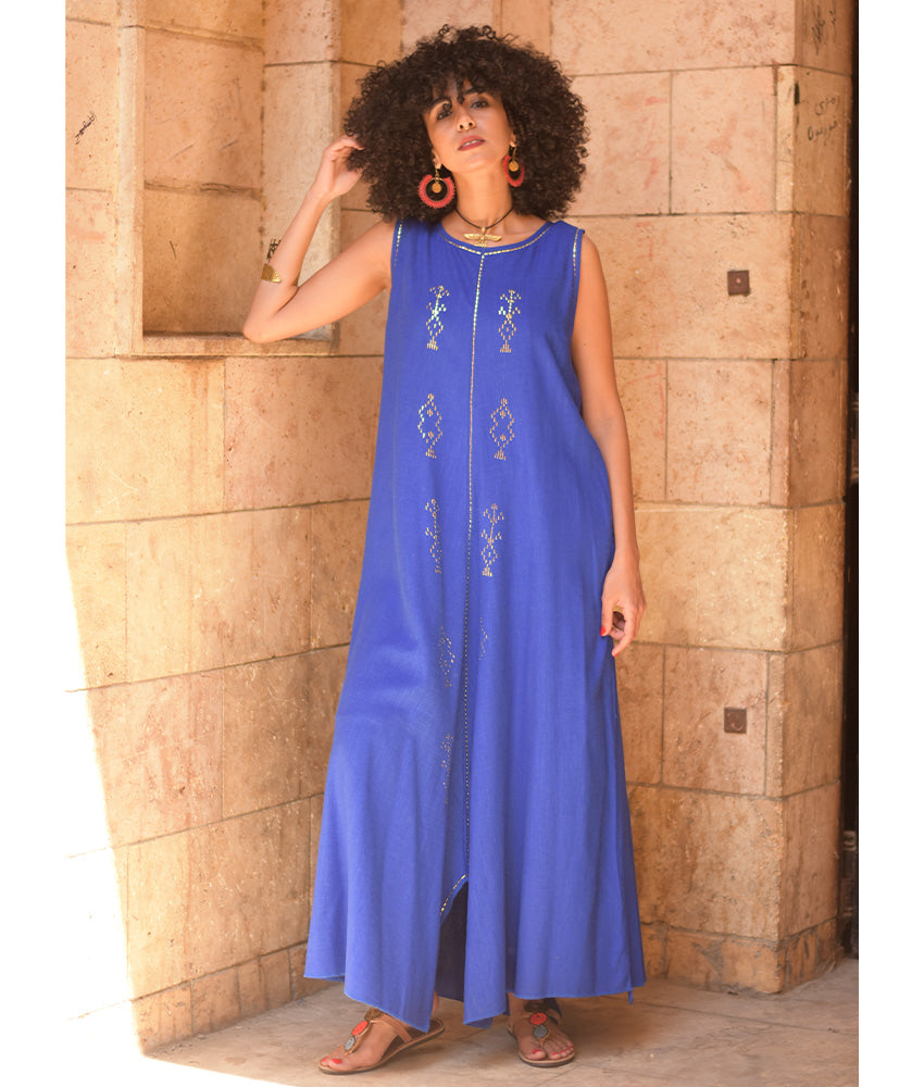 Electric Blue Linen Dress with Gold Tally Embroideries handmade in Egypt & available at Jozee boutique