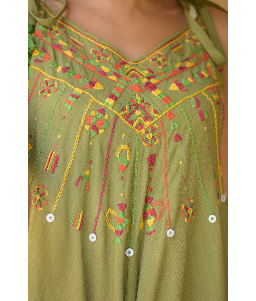Army green Siwa Embroidered Linen Flowy Jumpsuit/Dress handmade in Egypt & available at Jozee Boutique.