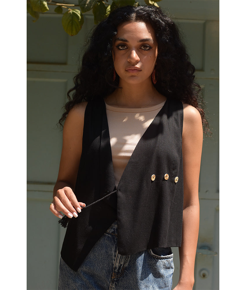 Black El Mahrousa Linen Wrap Vest handmade in Egypt & available at Jozee Boutique.