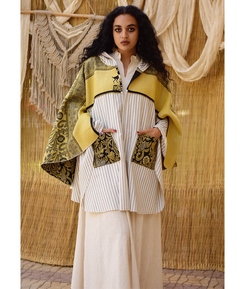 White, Black & Mustard Wool & Heavy Linen Double-Face Heritage Cape