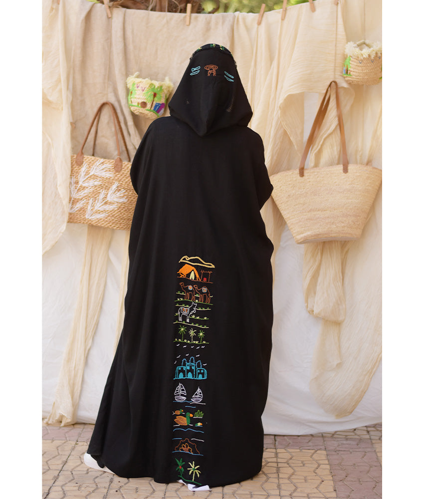 Black Hand Embroidered Linen Cardigan/Abaya with Hoodie handmade in Egypt & available at Jozee Boutique.