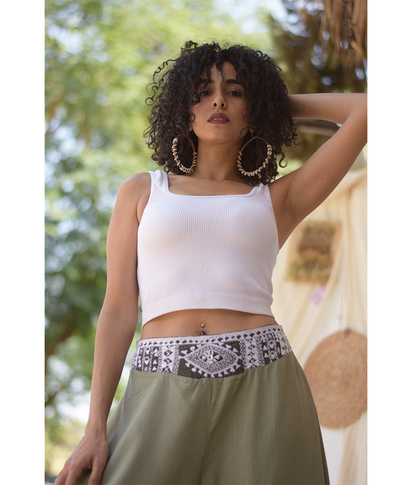 Light Olive Green Siwa Embroidered Flowy Pants handmade in Egypt & available at Jozee Boutique.