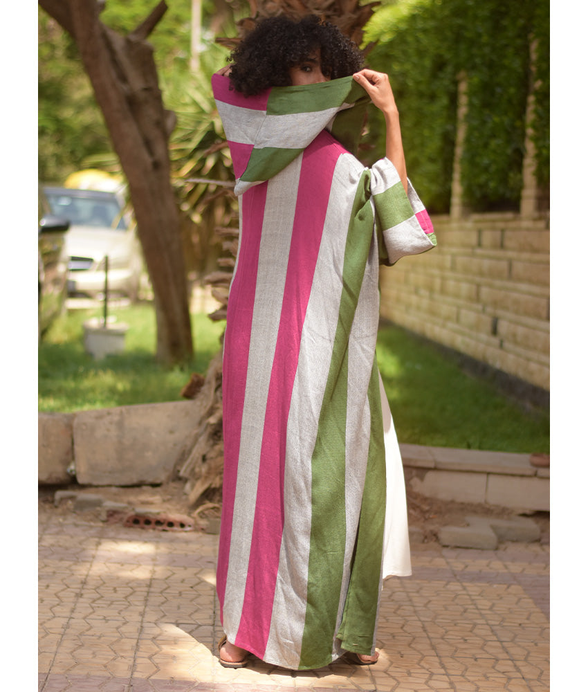 Multicolored Viscose Cardigan with Hoodie handmade in Egypt & available at Jozee Boutique.