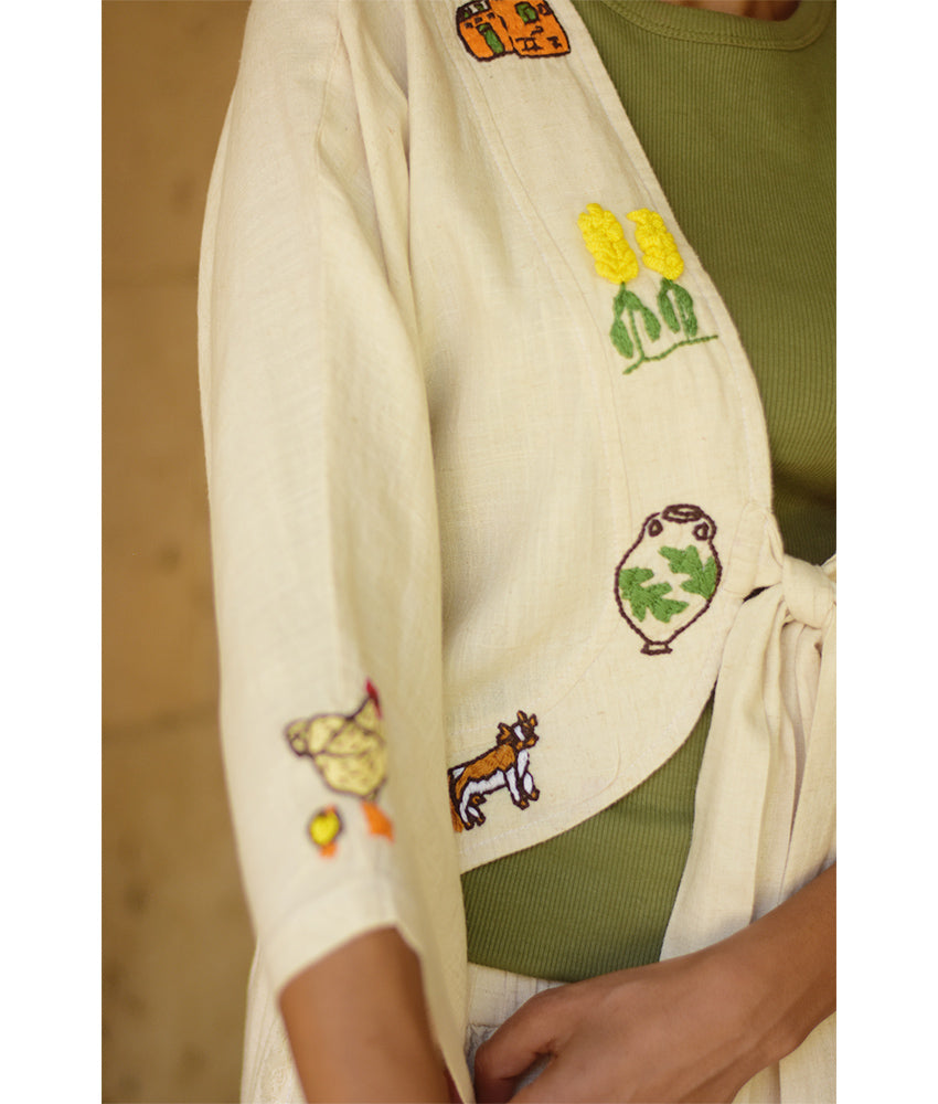 Off White Embroidered Linen Cotton Mix Bolero/Top & Pants Set handmade in Egypt & available in Jozee boutique