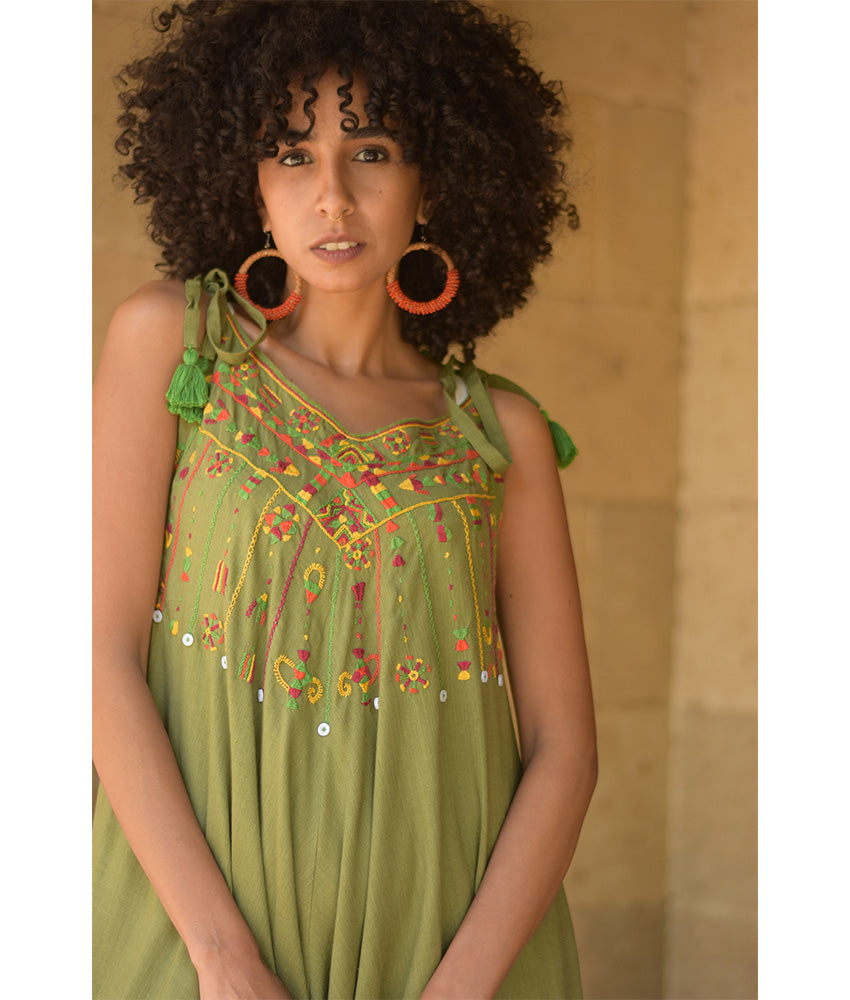 Army green Siwa Embroidered Linen Flowy Jumpsuit/Dress handmade in Egypt & available at Jozee Boutique.