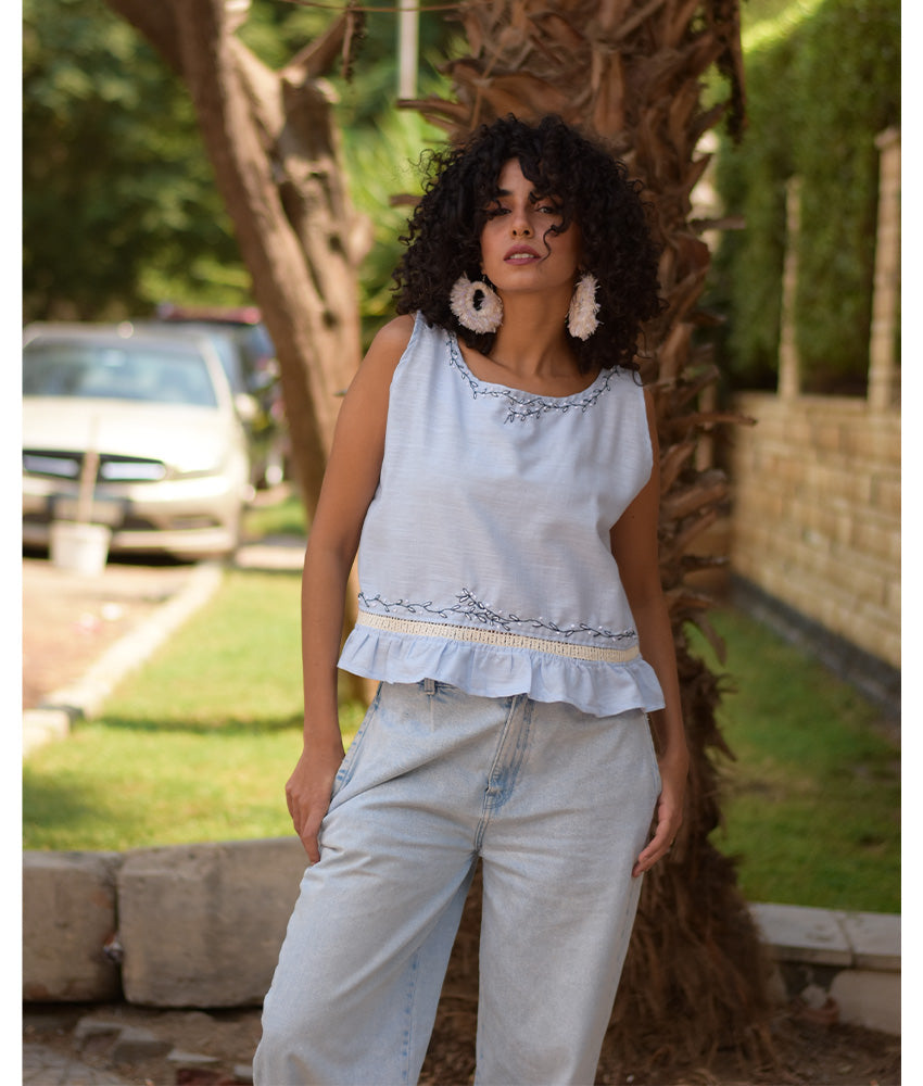 Baby blue Linen Set with Hand Embroideries handmade in Egypt & available at Jozee Boutique.
