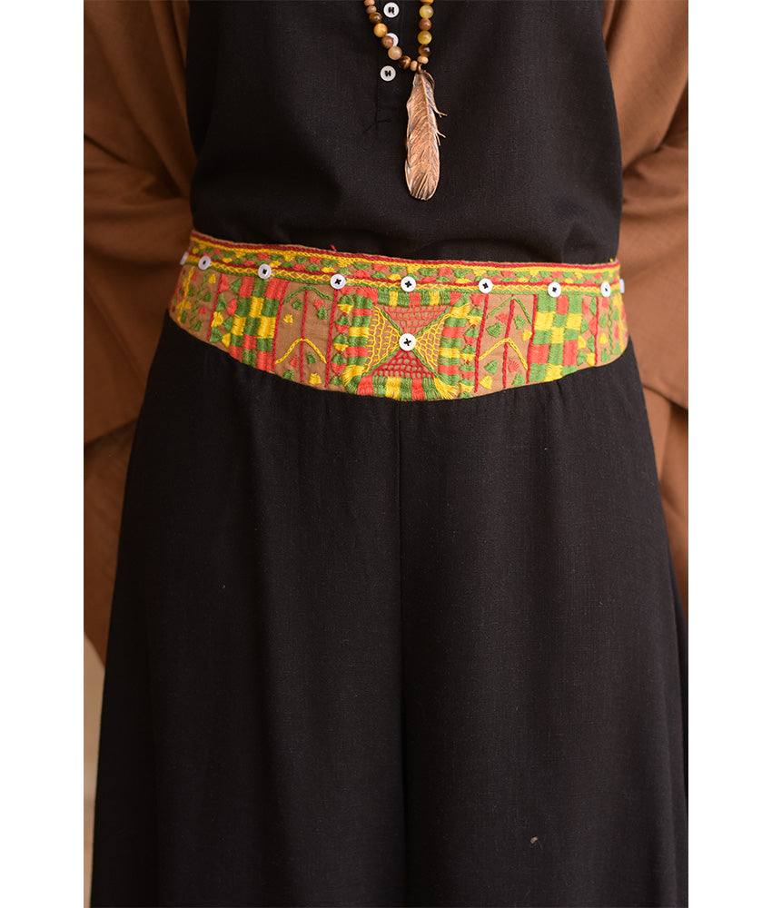 Black Siwa Embroidered Flowy Pants handmade in Egypt & available at Jozee Boutique.