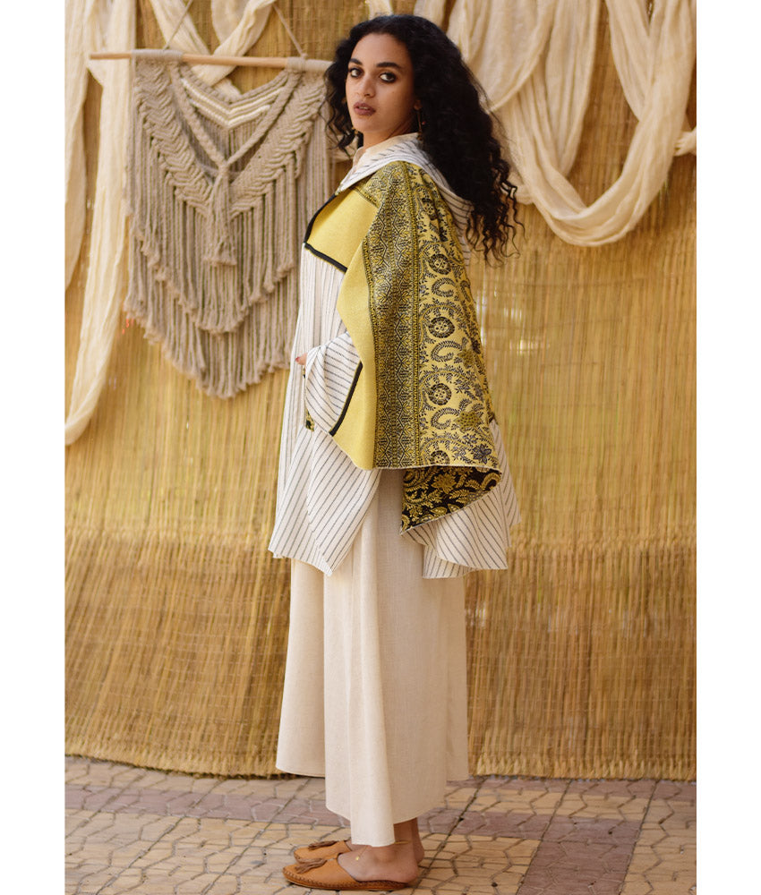 White, Black & Mustard Wool & Heavy Linen Double-Face Heritage Cape