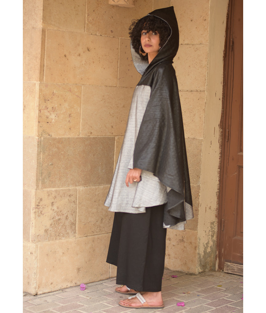 Grey & Black Silk & Cotton Hooded Cape