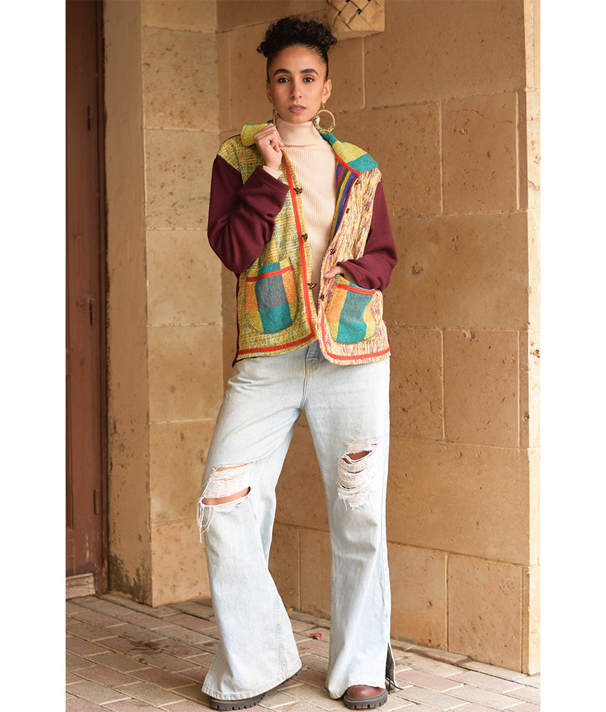 Burgundy & beige Cropped Akhmim Loomwoven Jacket handmade in Egypt & available at Jozee Boutique.handmade in Egypt & available at Jozee Boutique.