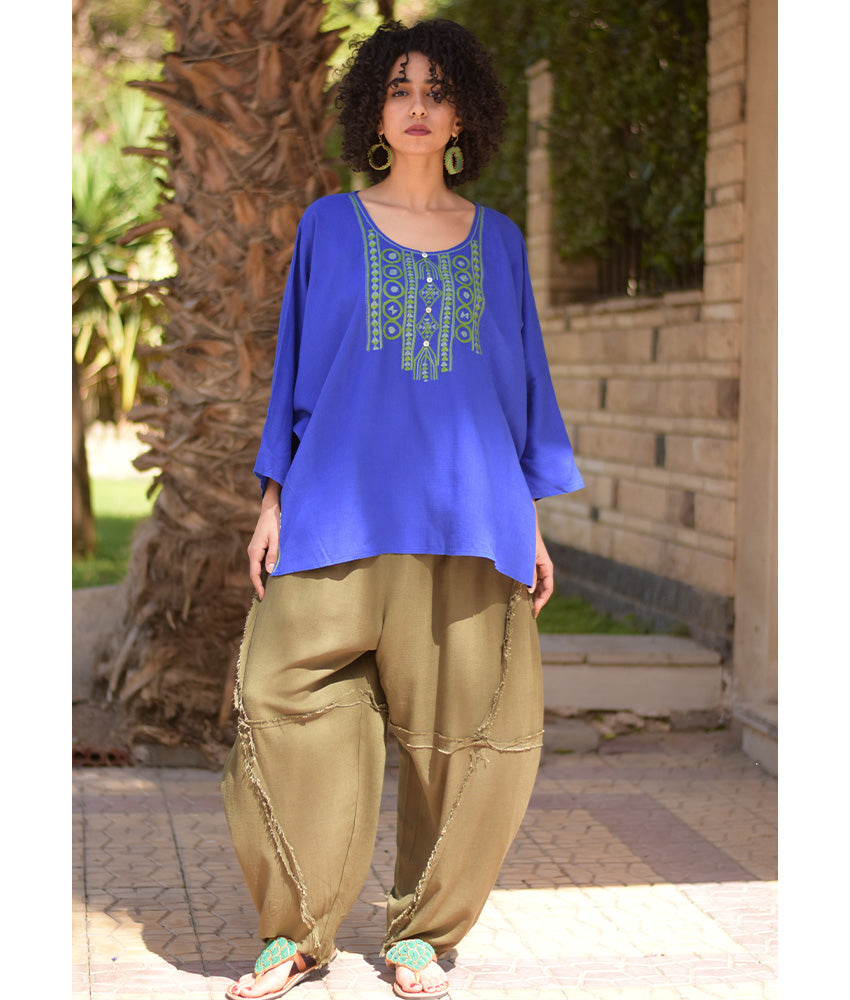Electric Blue Siwa Embroidered Linen Top handmade in Egypt & available in Jozee boutique