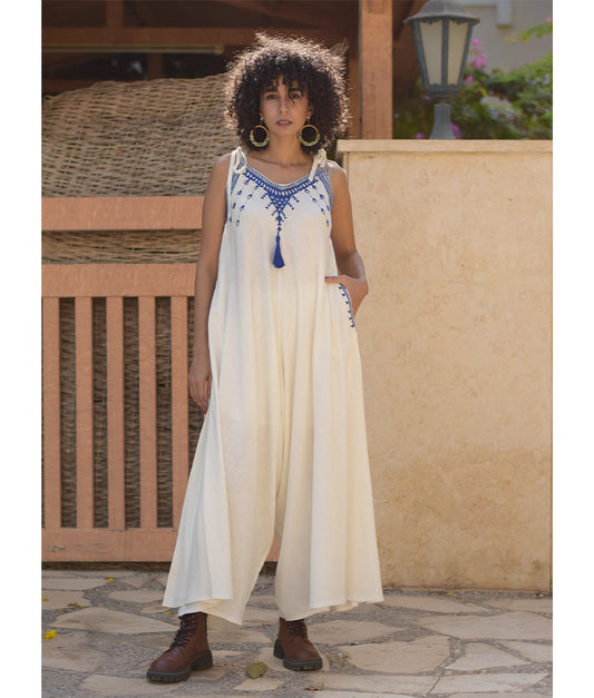 White Siwa Embroidered Linen Flowy Jumpsuit/Dress handmade in Egypt & available at Jozee Boutique.