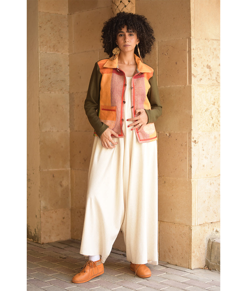 Dark Olive & Orange Cropped Akhmim Loomwoven Jacket handmade in Egypt & available at Jozee Boutique.