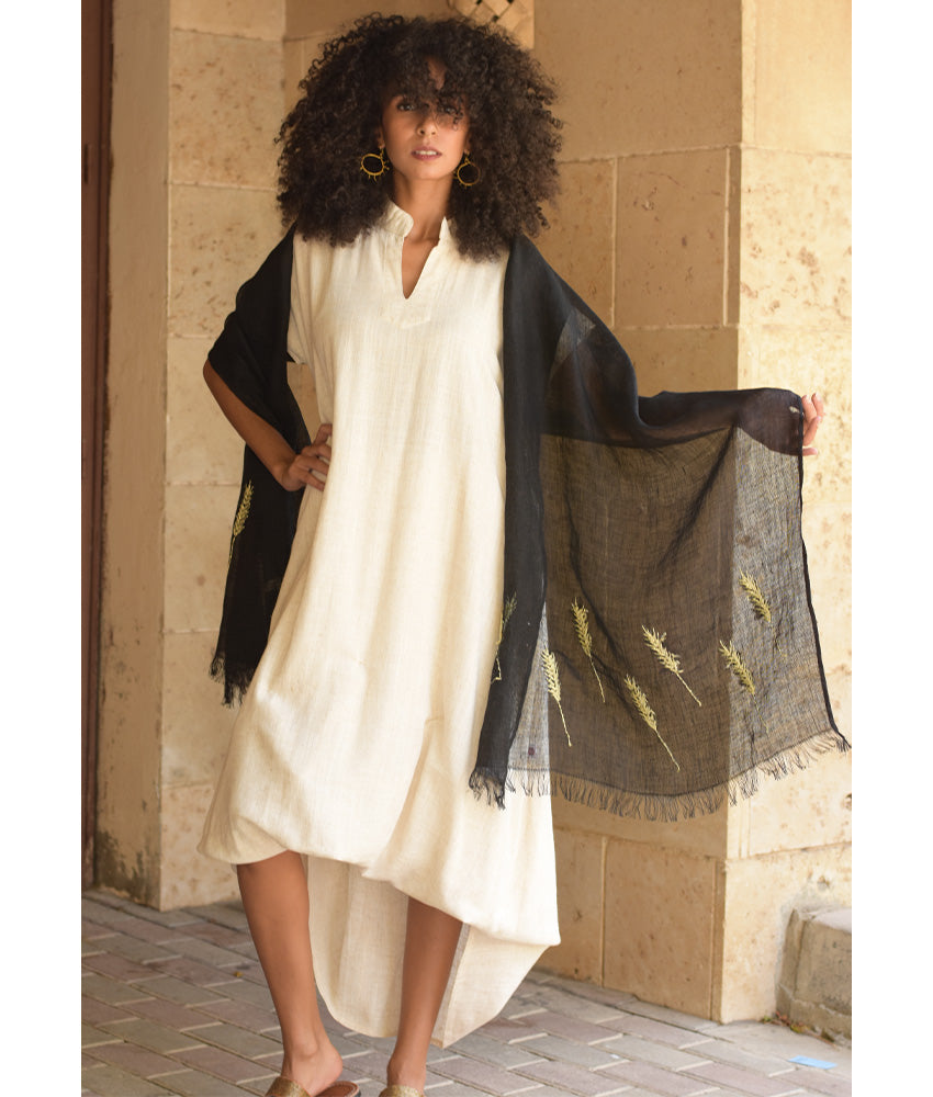 Black Embroidered Linen Shawl - Palm