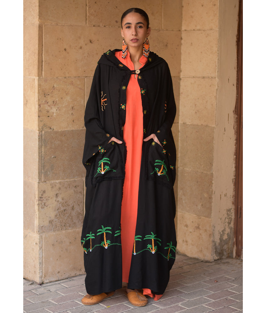 Black Siwa Embroidered Linen Cardigan/Abaya with Hoodie handmade in Egypt & available at Jozee Boutique.