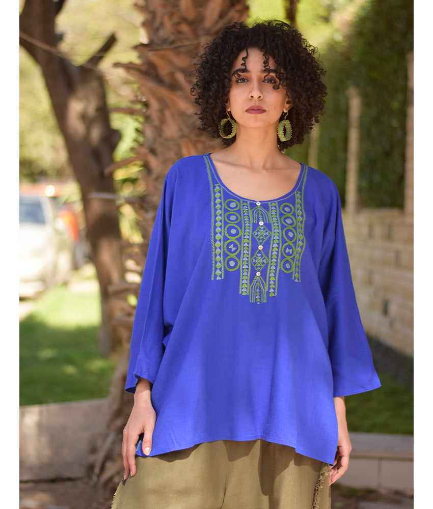 Electric Blue Siwa Embroidered Linen Top handmade in Egypt & available in Jozee boutique