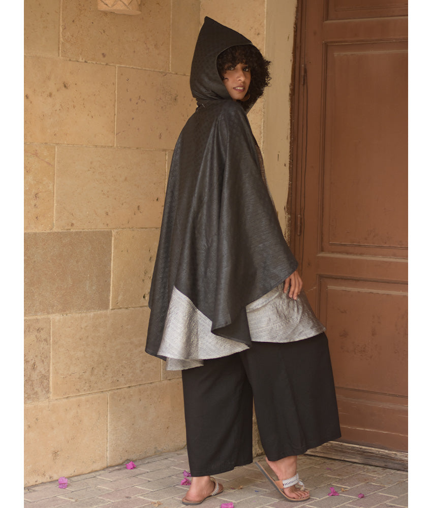 Grey & Black Silk & Cotton Hooded Cape