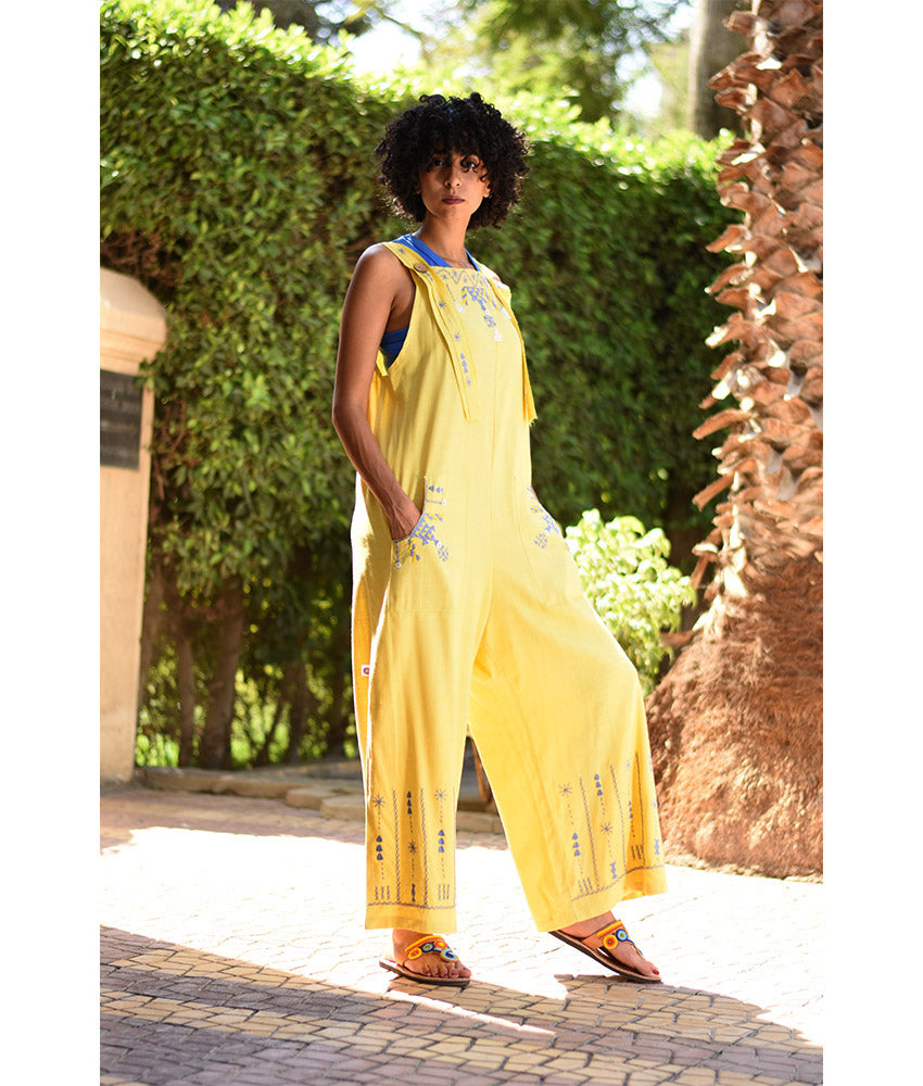 Yellow Siwa Embroidered Linen Jumpsuit Handmade in Egypt & available at Jozee Boutique