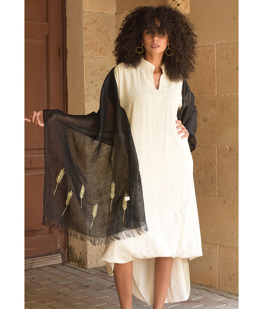Black Embroidered Linen Shawl - Palm