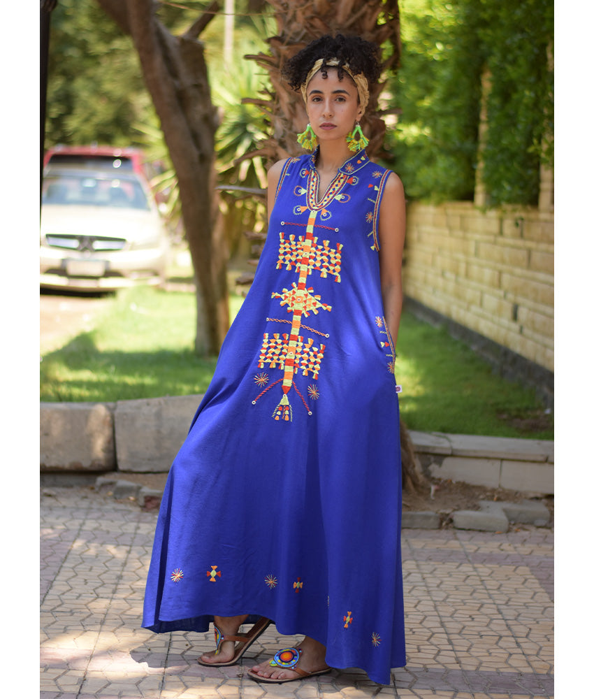 Electric Blue Siwa Embroidered Linen Japanese Dress handmade in Egypt & available at Jozee Boutique.