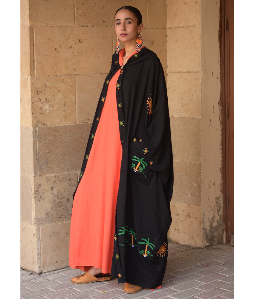 Black Siwa Embroidered Linen Cardigan/Abaya with Hoodie handmade in Egypt & available at Jozee Boutique.