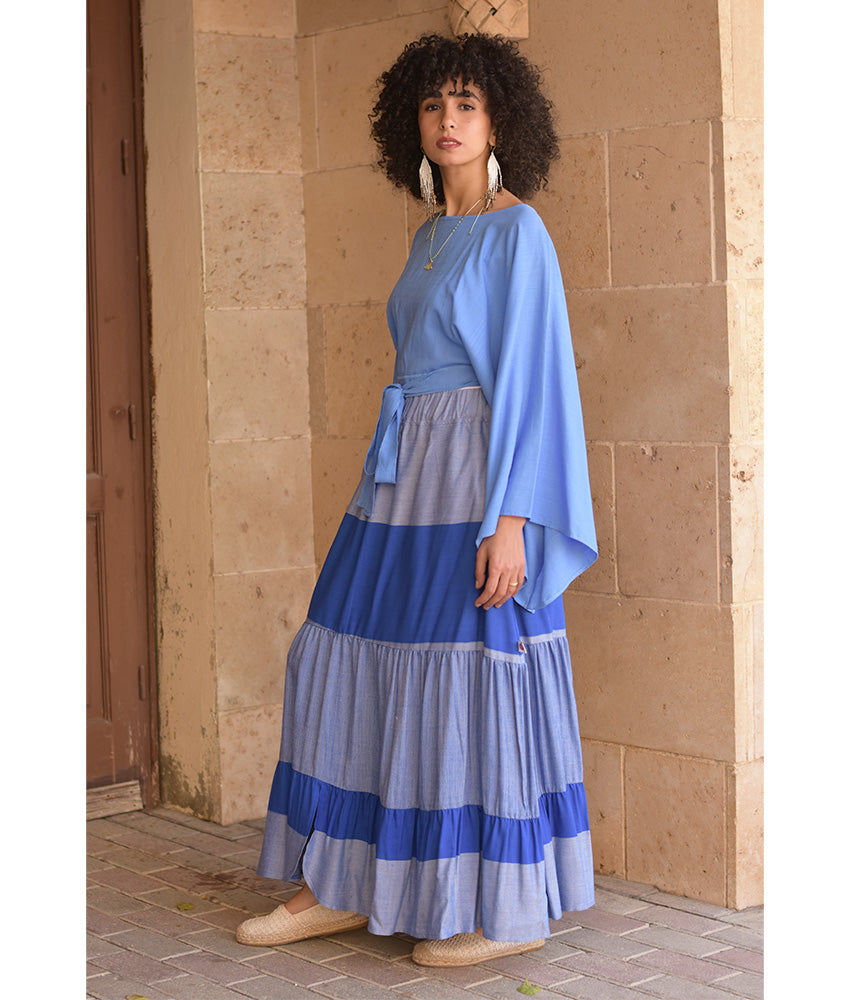 Shades of Blue Handwoven Ruffle Skirt handmade in Egypt & available at Jozee Boutique.