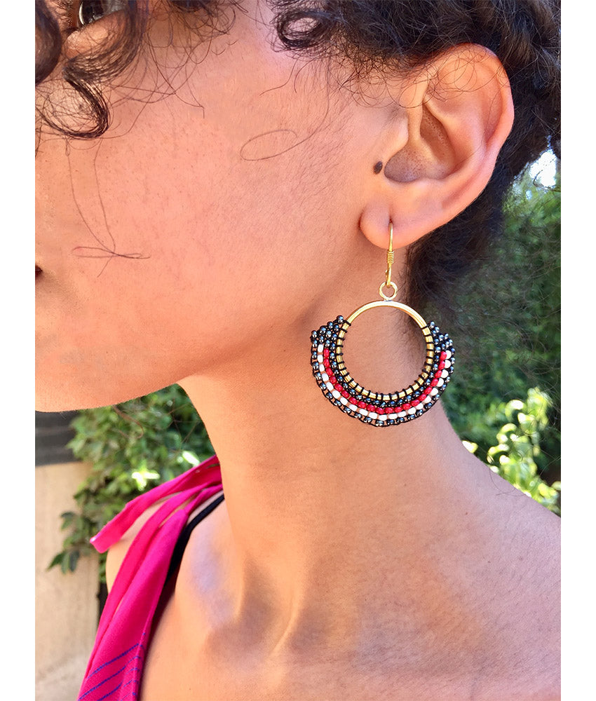 Red, Black & White Beaded Copper Earrings handmade in Egypt & available in Jozee Boutique