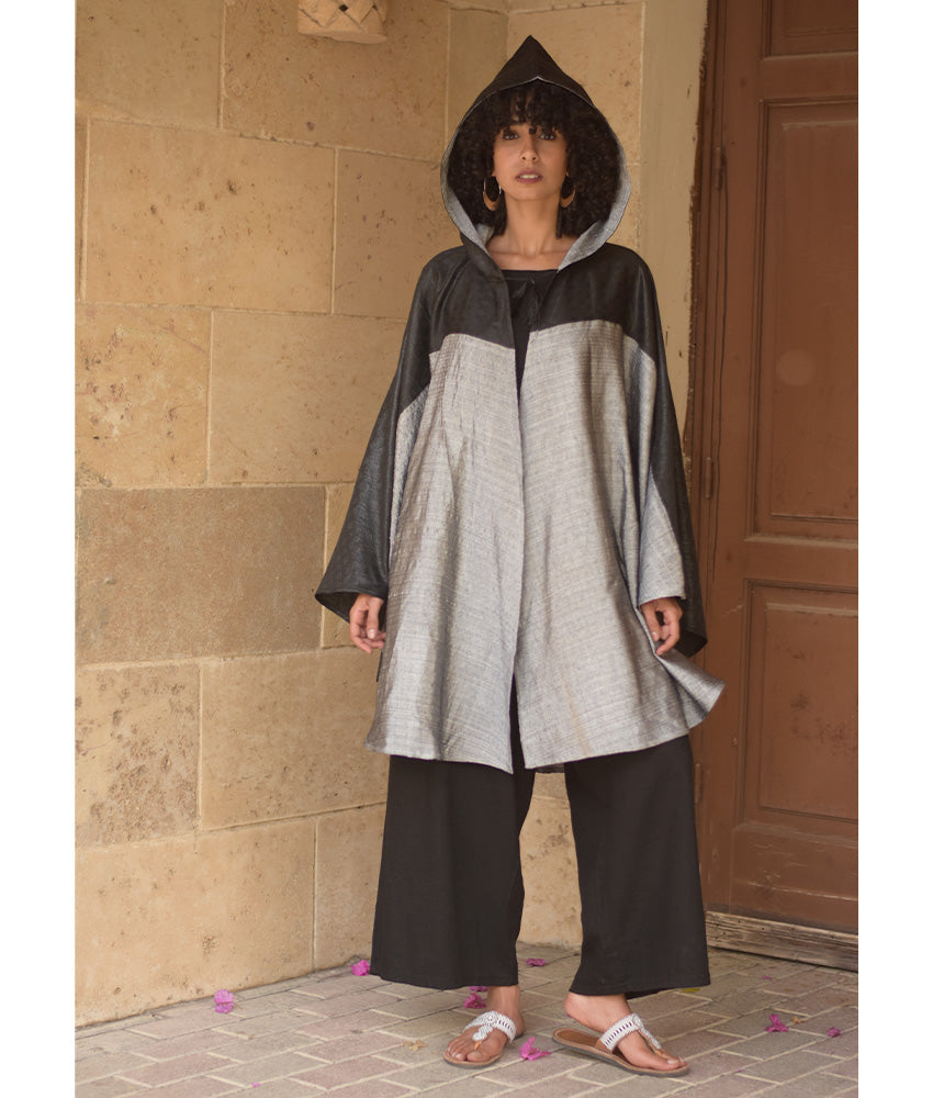 Grey & Black Silk & Cotton Hooded Cape