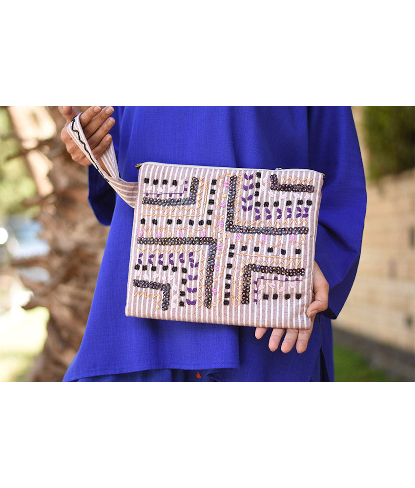 Off white & Beige Embroidered Clutch handmade in Egypt & available at Jozee Boutique.