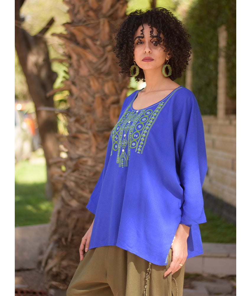 Electric Blue Siwa Embroidered Linen Top handmade in Egypt & available in Jozee boutique