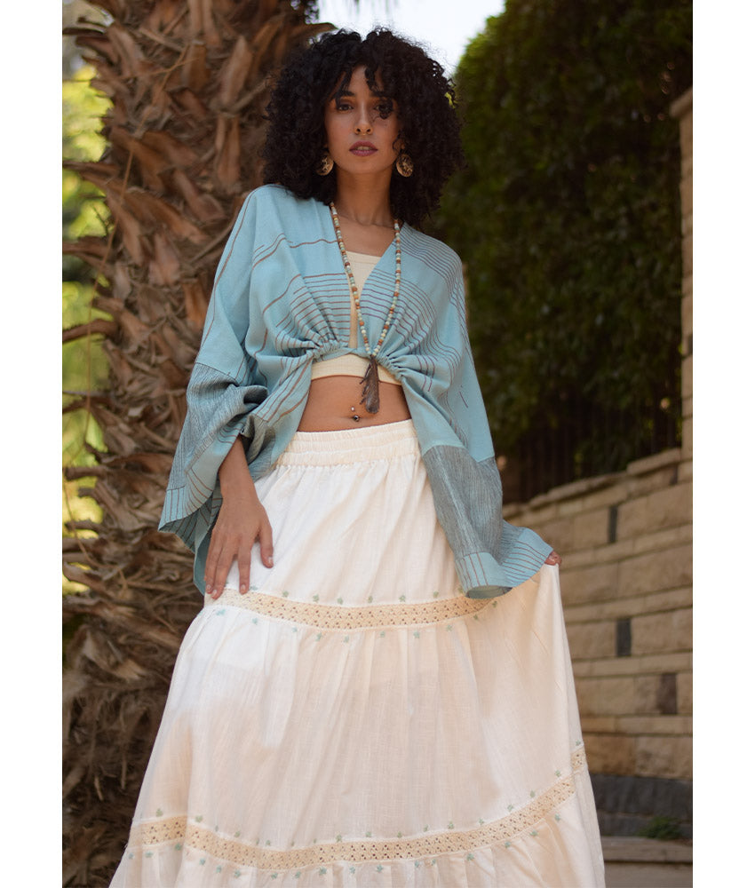 White Linen Skirt with Hand Embroideries handmade in Egypt & available at Jozee Boutique.