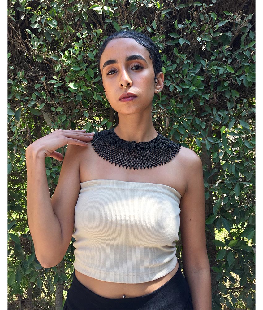 Black French Loom Beaded Necklace handmade in Egypt & available at Jozee Boutique.