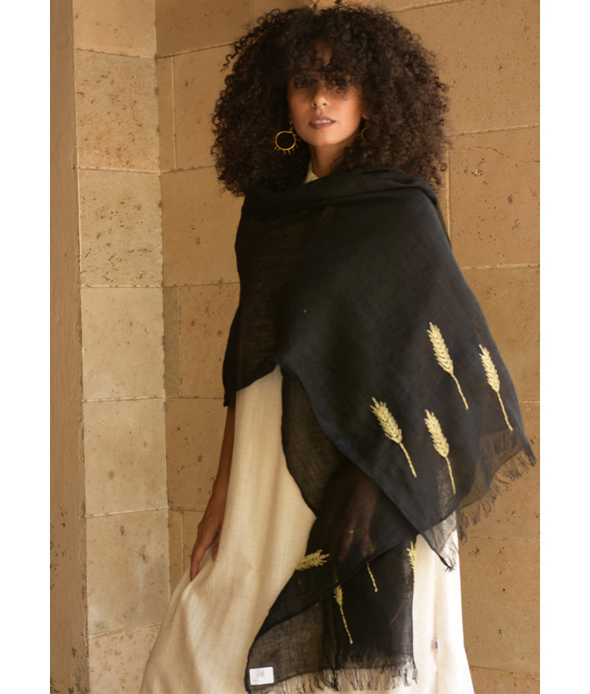 Black Embroidered Linen Shawl - Palm