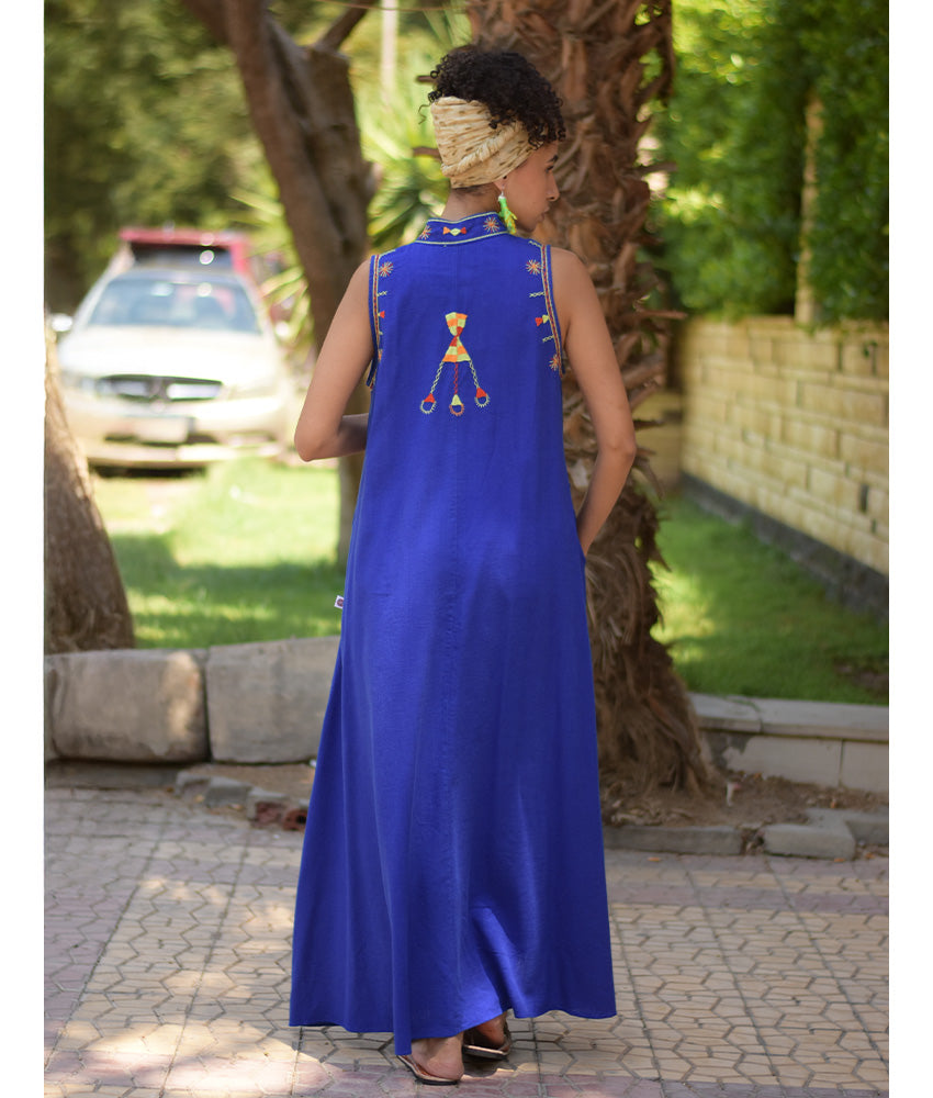 Electric Blue Siwa Embroidered Linen Japanese Dress handmade in Egypt & available at Jozee Boutique.