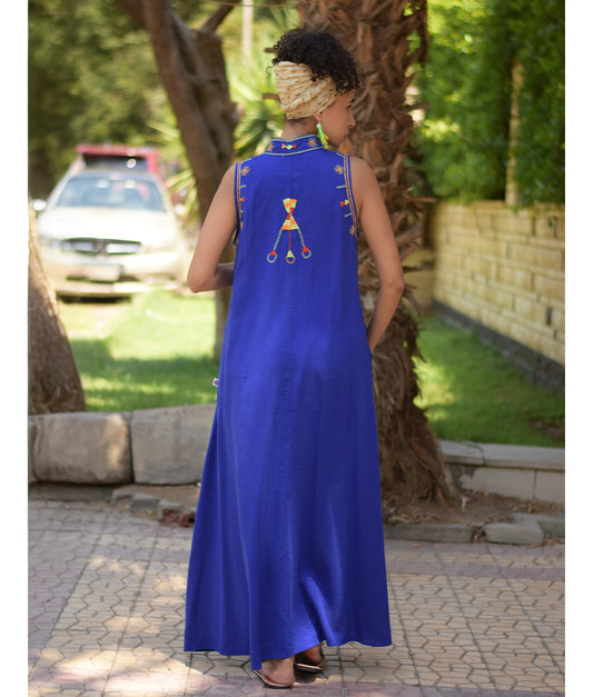 Electric Blue Siwa Embroidered Linen Japanese Dress handmade in Egypt & available at Jozee Boutique.