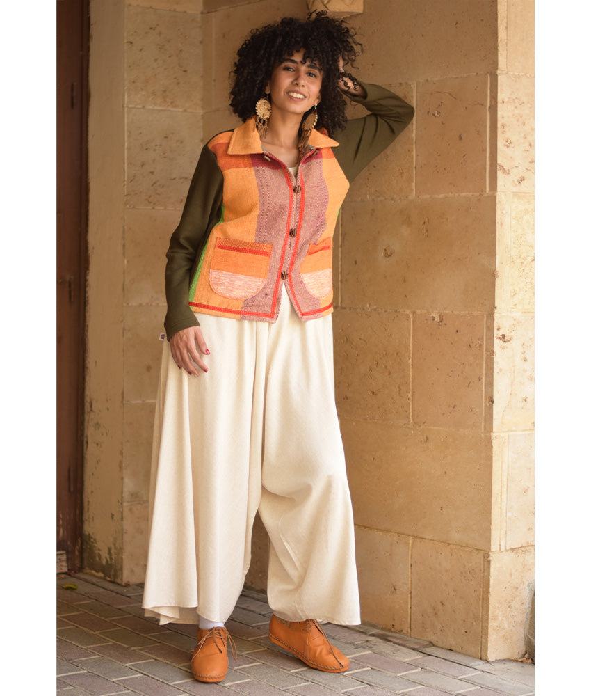 Dark Olive & Orange Cropped Akhmim Loomwoven Jacket handmade in Egypt & available at Jozee Boutique.