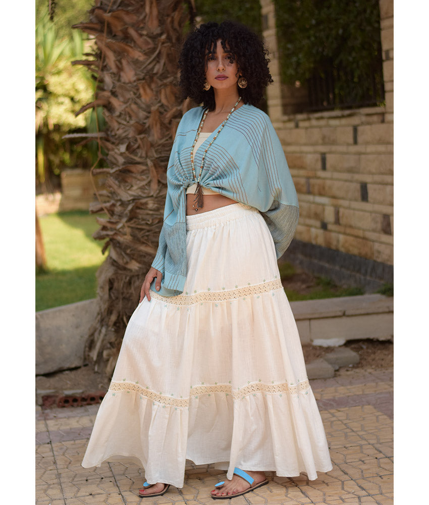 White Linen Skirt with Hand Embroideries handmade in Egypt & available at Jozee Boutique.