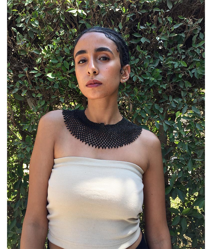 Black French Loom Beaded Necklace handmade in Egypt & available at Jozee Boutique.