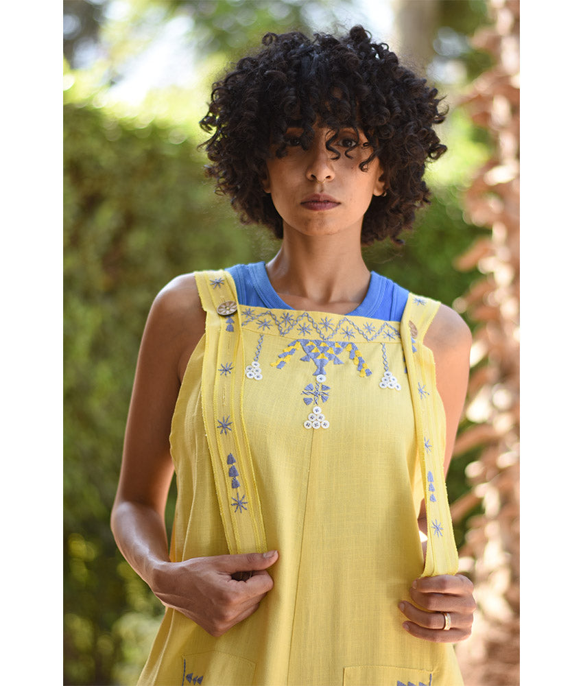 Yellow Siwa Embroidered Linen Jumpsuit Handmade in Egypt & available at Jozee Boutique