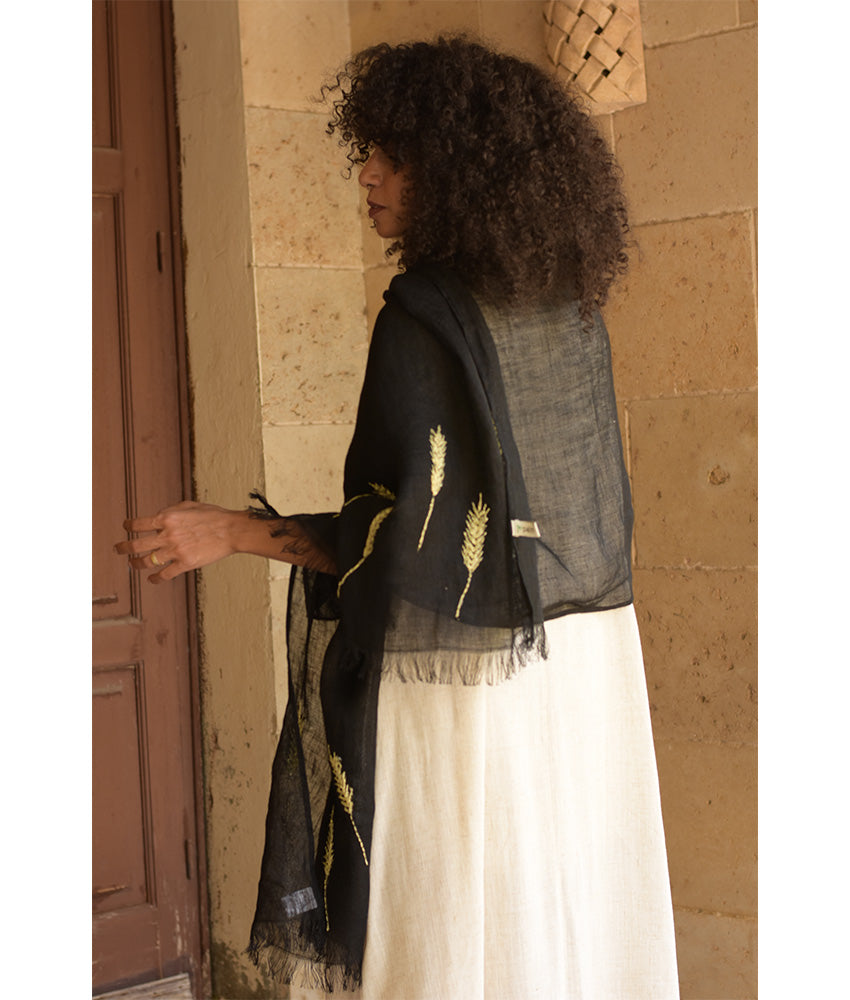 Black Embroidered Linen Shawl - Palm