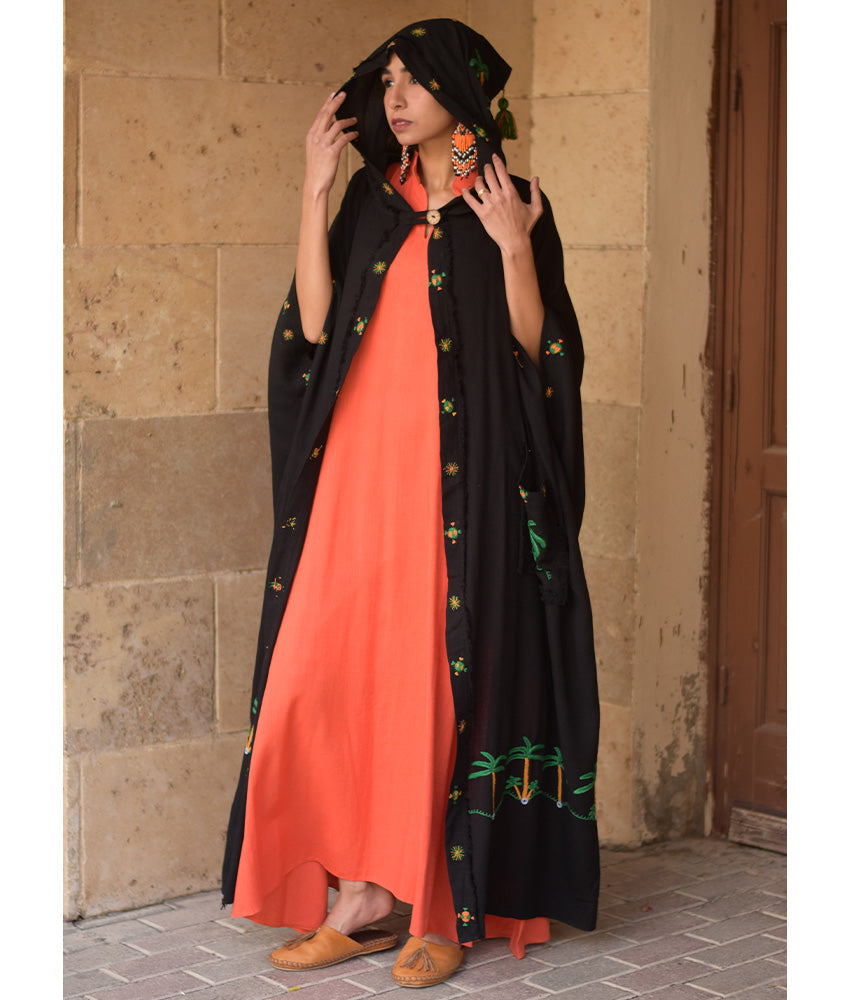 Black Siwa Embroidered Linen Cardigan/Abaya with Hoodie handmade in Egypt & available at Jozee Boutique.