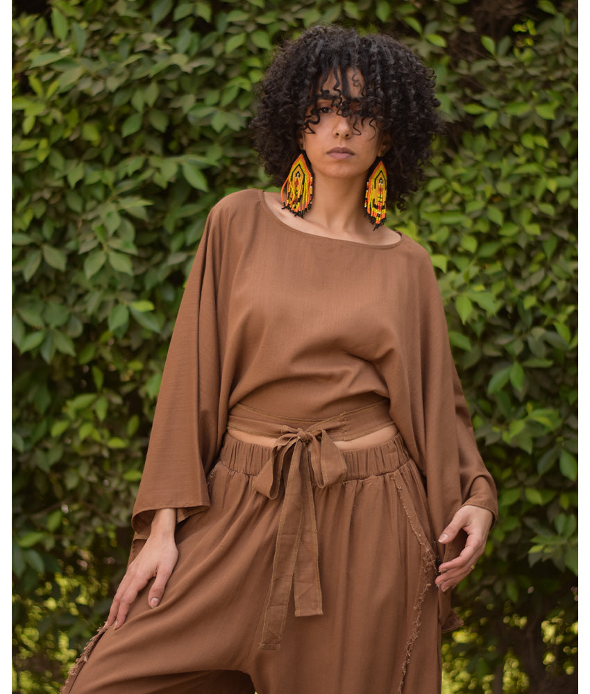 Brown Kimono Linen Top handmade in Egypt & available at Jozee Boutique.