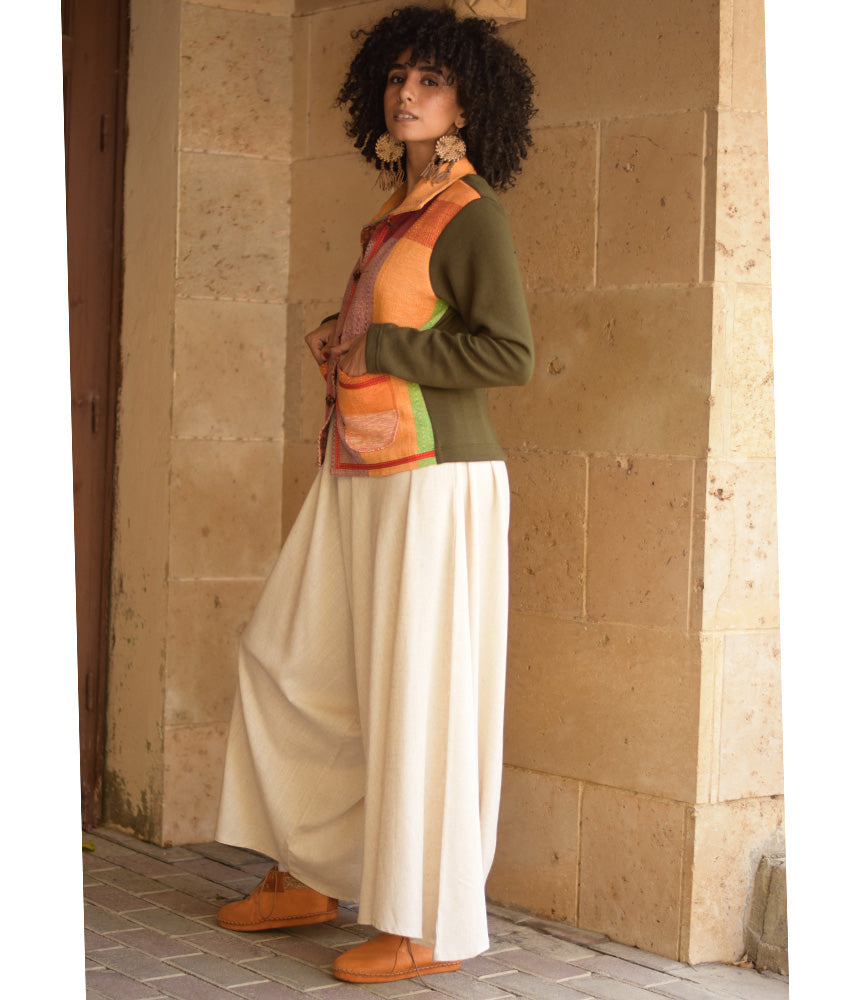 Dark Olive & Orange Cropped Akhmim Loomwoven Jacket handmade in Egypt & available at Jozee Boutique.