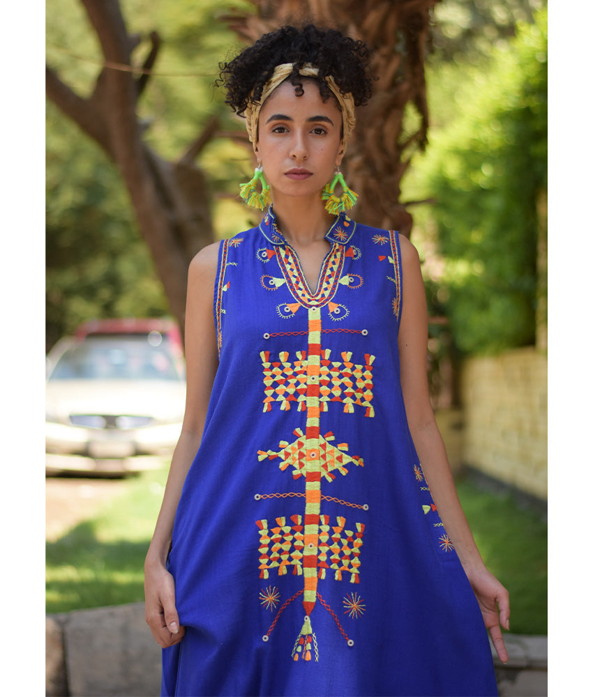 Electric Blue Siwa Embroidered Linen Japanese Dress handmade in Egypt & available at Jozee Boutique.