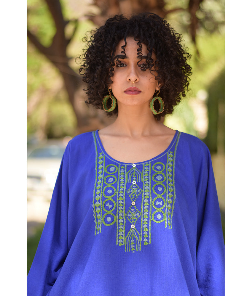 Electric Blue Siwa Embroidered Linen Top handmade in Egypt & available in Jozee boutique