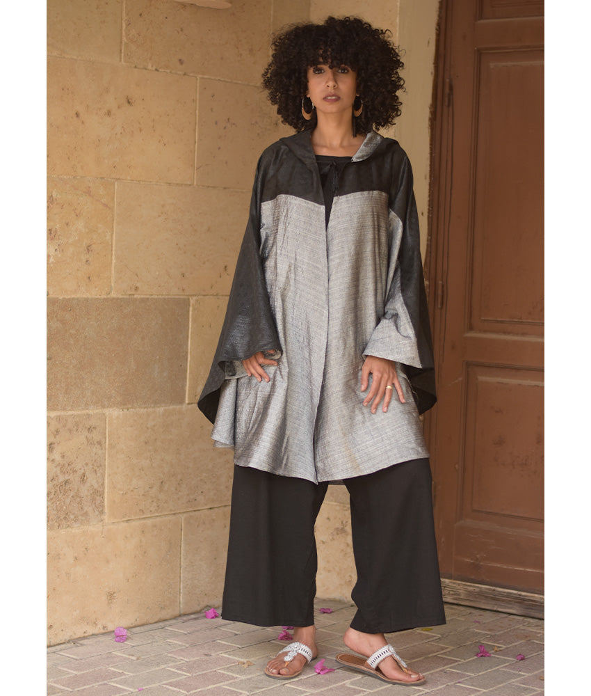 Grey & Black Silk & Cotton Hooded Cape