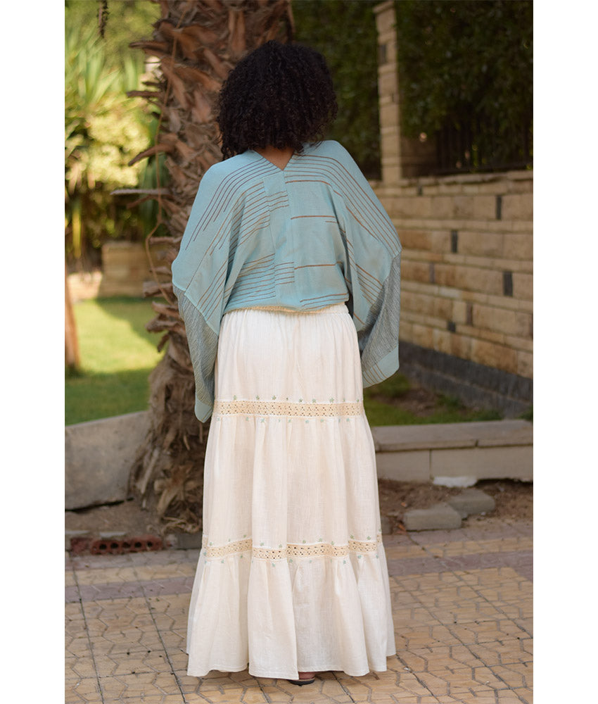 White Linen Skirt with Hand Embroideries handmade in Egypt & available at Jozee Boutique.