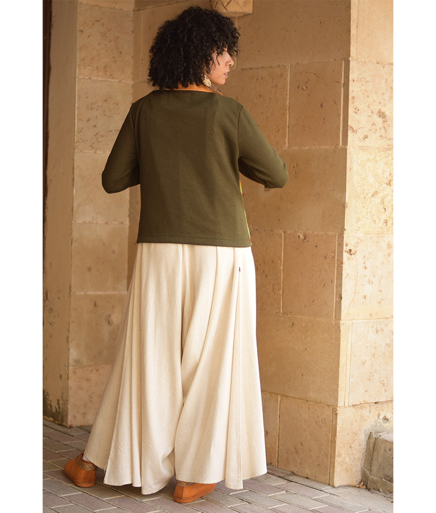Dark Olive & Orange Cropped Akhmim Loomwoven Jacket handmade in Egypt & available at Jozee Boutique.